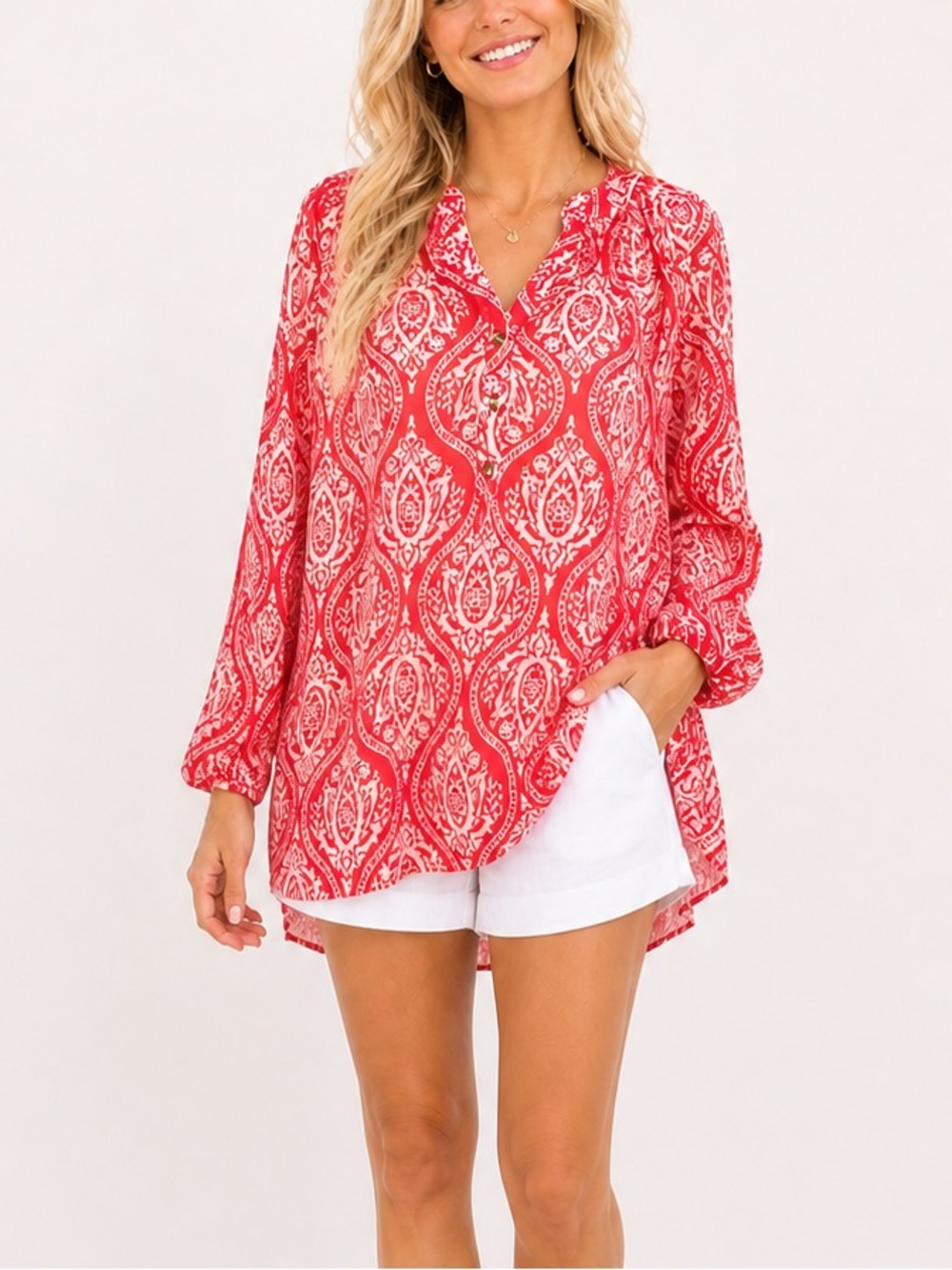 Charter Club Red White Boho Print Tunic Blouse Flowy Resort Vacation Chic Top L